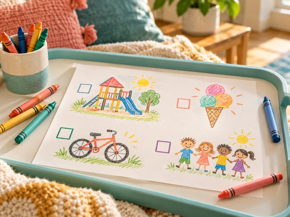 A picture bucket list of a playground, ice cream, a bicycle and friends, with checkboxes and crayons.