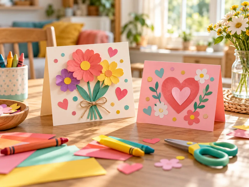 Handmade flower and heart greeting cards with paper, crayons and craft scissors.