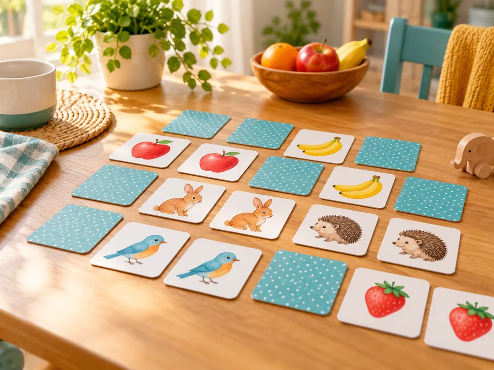 Pairs of fruit and animal picture cards arranged face up and face down on a home table.