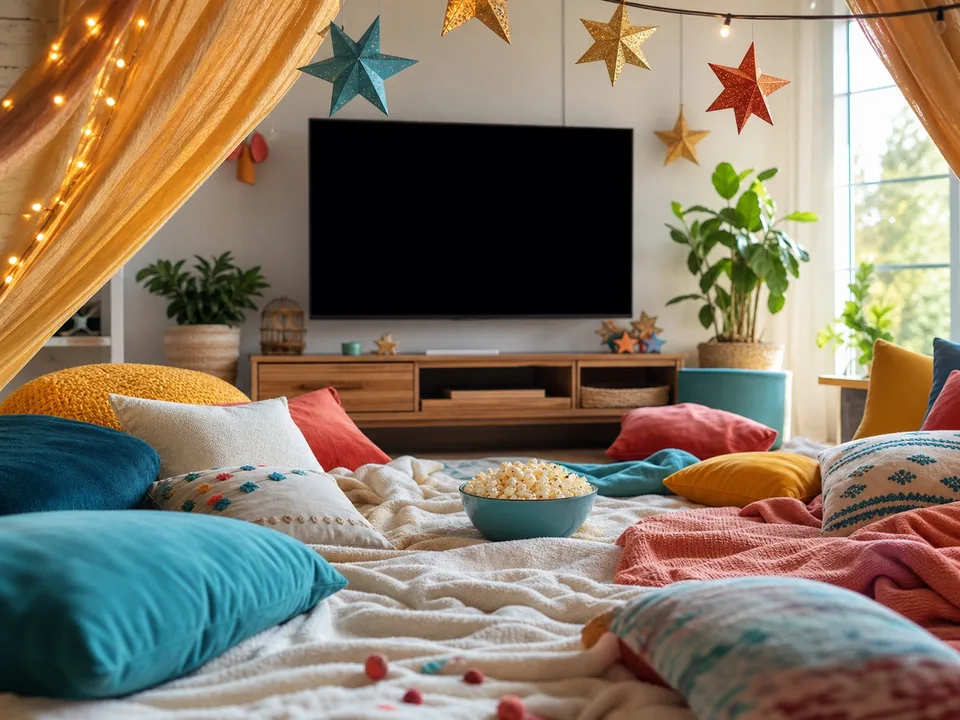 A cozy home cinema with colorful floor cushions, blankets, popcorn, star decorations, and a blank screen.