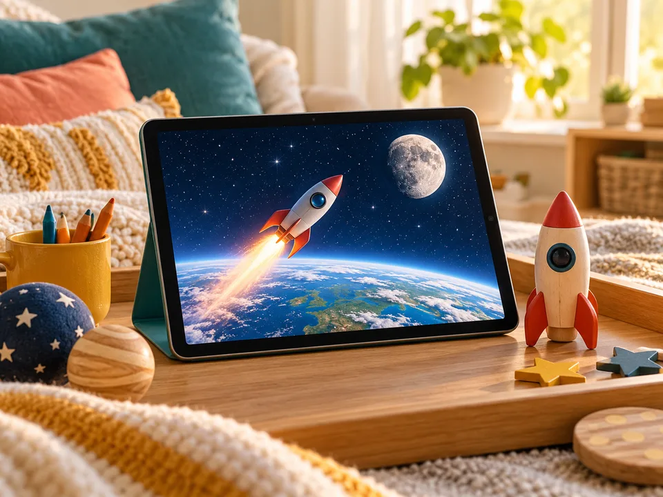 A tablet showing a rocket above Earth and the Moon, with a little toy rocket beside it.