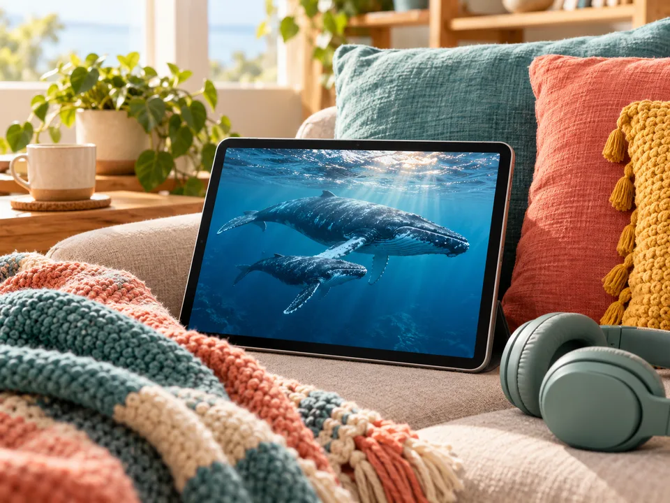 A tablet showing whales in blue ocean water, beside headphones and a folded blanket.