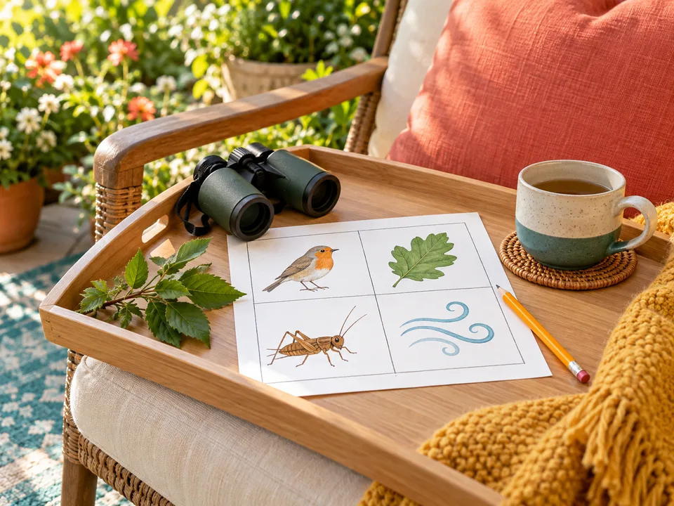 A wordless nature-sound bingo sheet and pencil on a tray beside a cushioned patio chair.