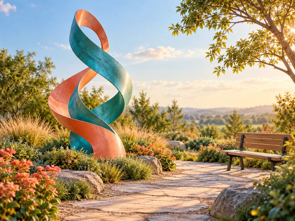 An original abstract outdoor sculpture beside a short level path and an empty bench.