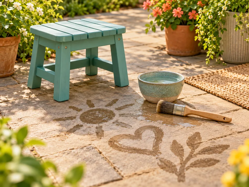 A chunky brush, small water container and wet painted shapes beside a low patio stool.
