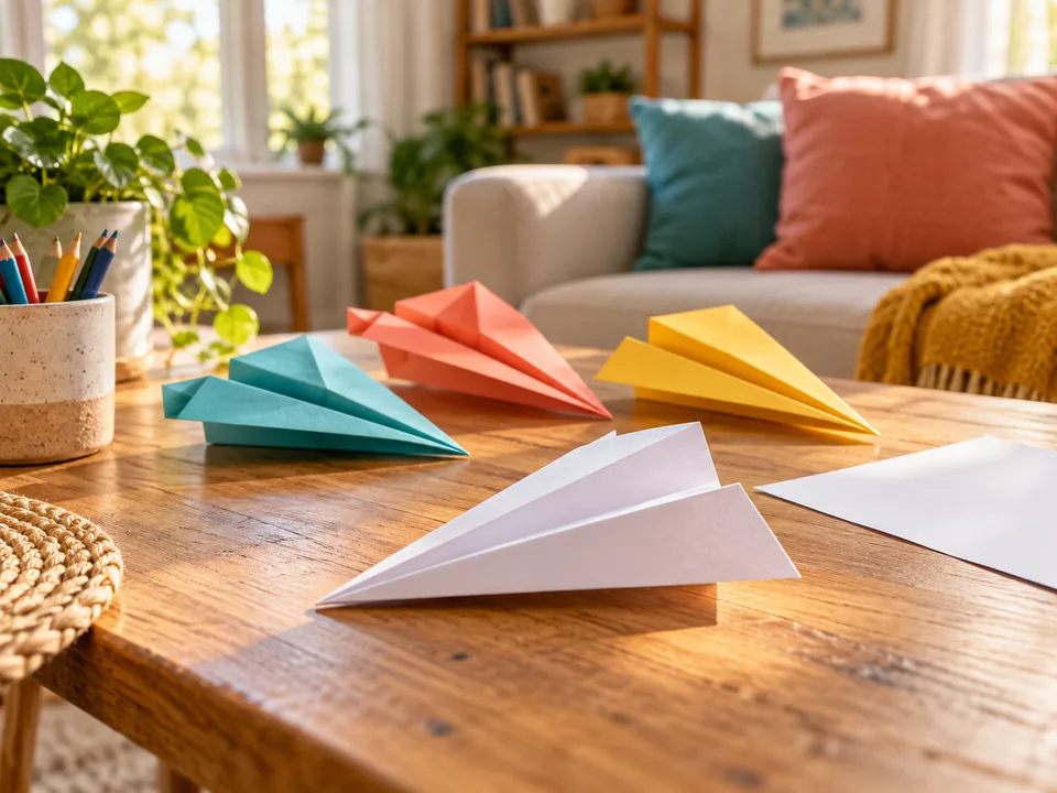 Folded paper airplanes in cheerful colors on a sunny home table.