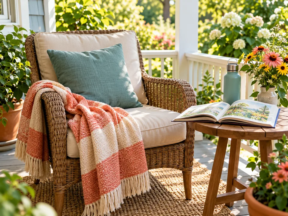 A picture book, cushion, blanket and water bottle set beside a comfortable private-porch chair.