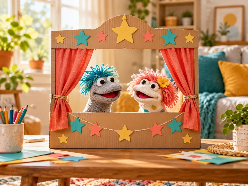 Two cheerful sock puppets peeking over a cardboard puppet theatre decorated with stars.