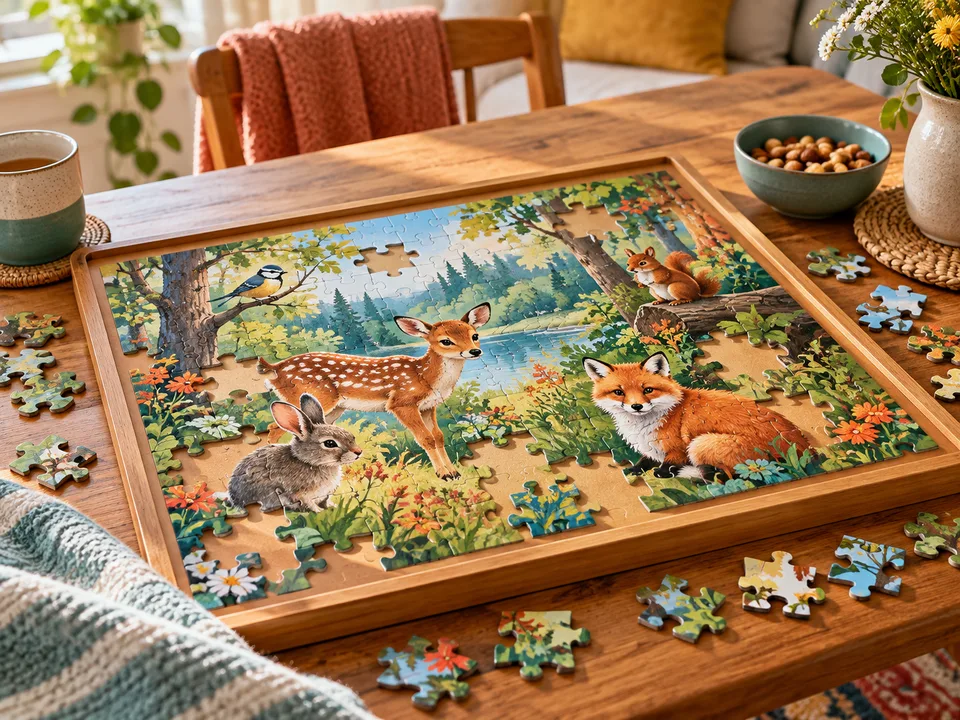 A woodland animal jigsaw puzzle partly assembled on a tray, with loose pieces around the edges.