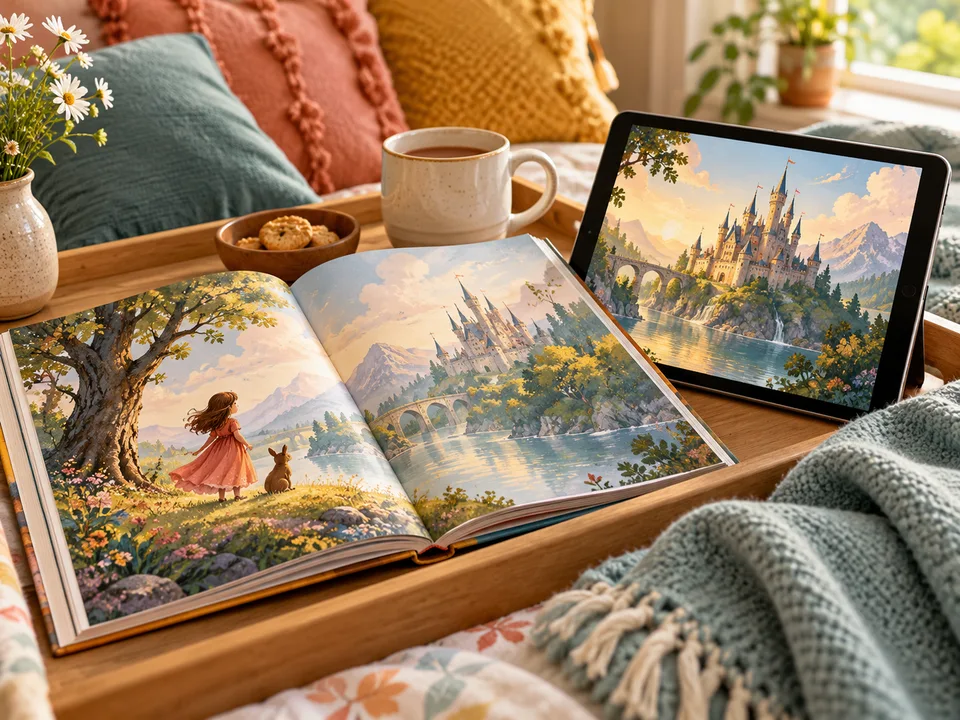 An illustrated storybook beside a tablet showing a similar magical castle scene.