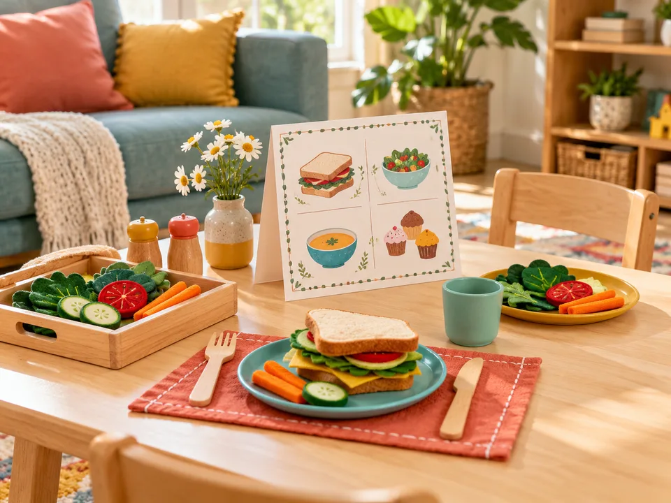 Felt food, toy plates, a serving tray and a picture menu set up for pretend restaurant play.