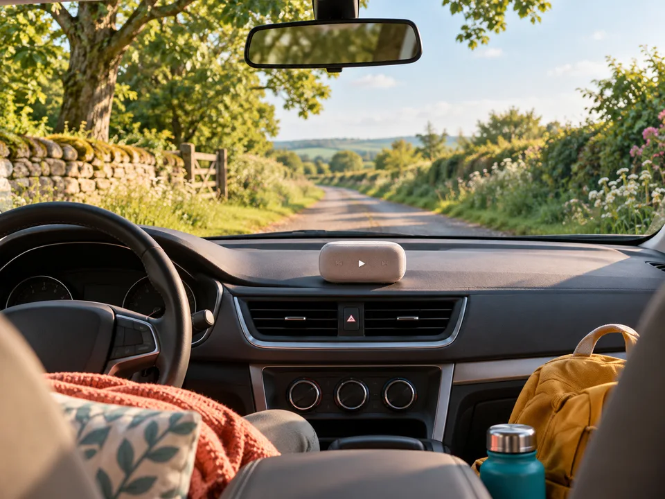 A parked family car overlooking a leafy road, with a small wordless dashboard audio player.