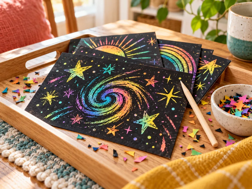 Rainbow stars and spirals scratched into black art sheets, with a wooden stylus on a tray.