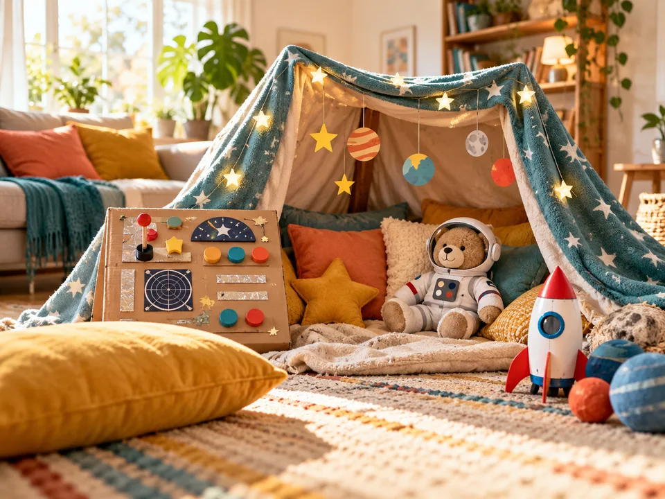 A blanket spaceship with a cardboard control panel, toy rocket and plush astronaut bear.