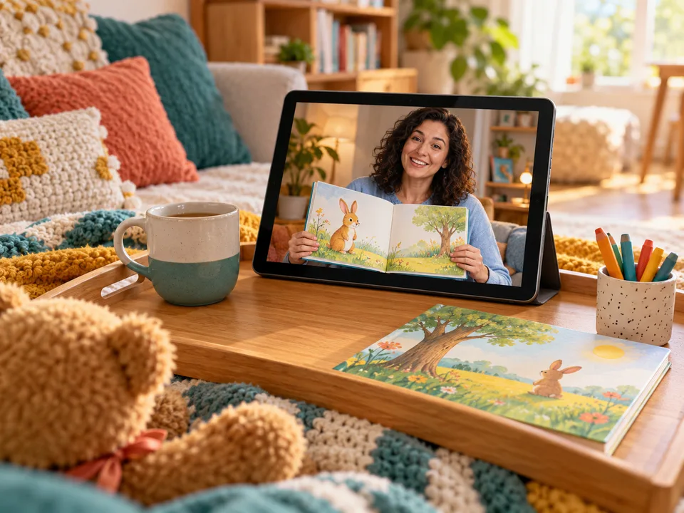 A tablet showing a storyteller holding an open picture book, with another book nearby.