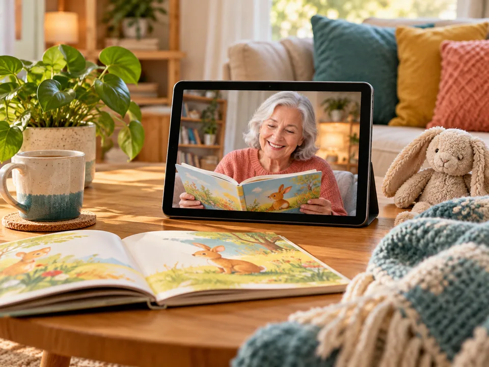 A grandmother reading a picture book on a tablet video call, with a book and blanket nearby.