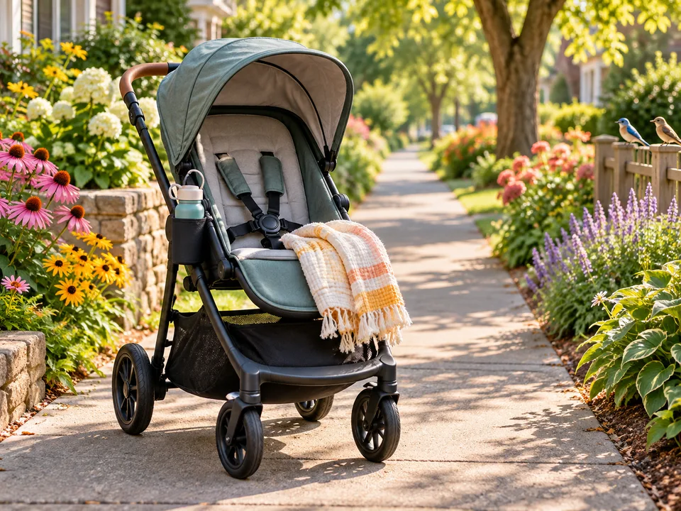 A stroller with a visible harness, light blanket and water bottle beside a quiet flower-lined path.