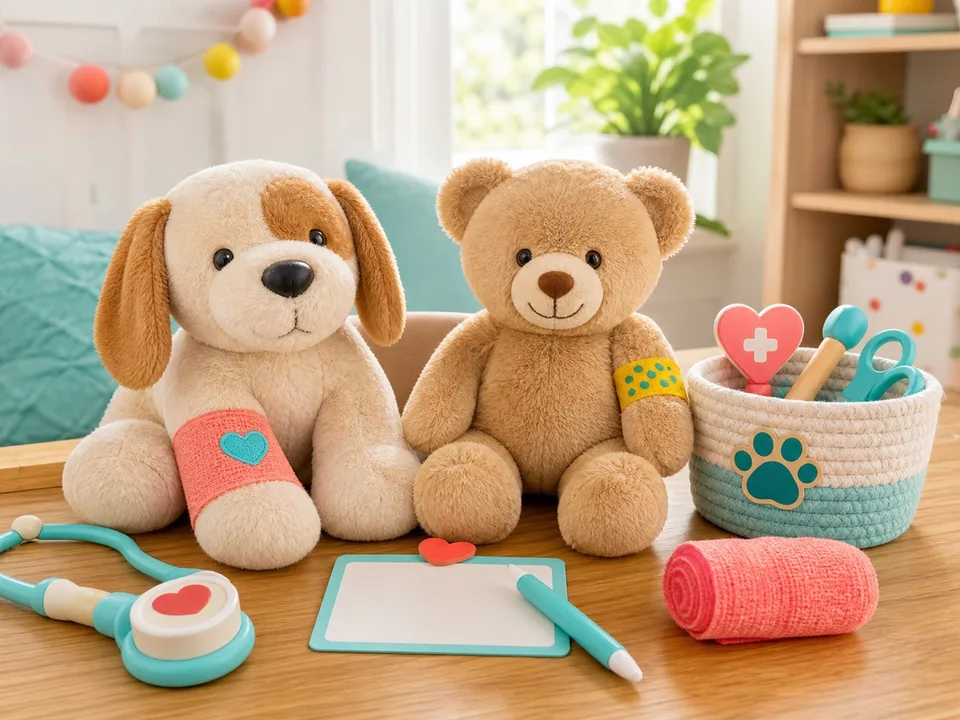 A stuffed dog and teddy bear at a playful veterinary clinic with toy care supplies and colorful bandages.