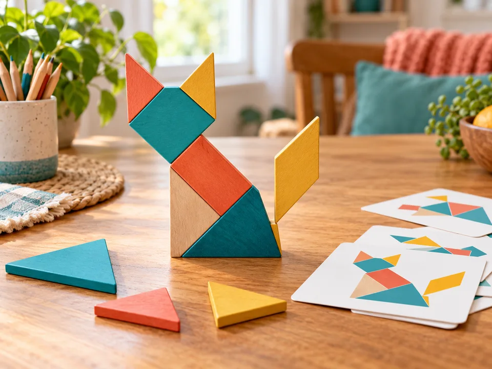 Colorful wooden geometric pieces arranged into a cat beside a shape-pattern card.