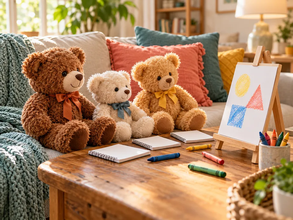 Teddy bears facing a little easel with shape drawings, with small notebooks and crayons.
