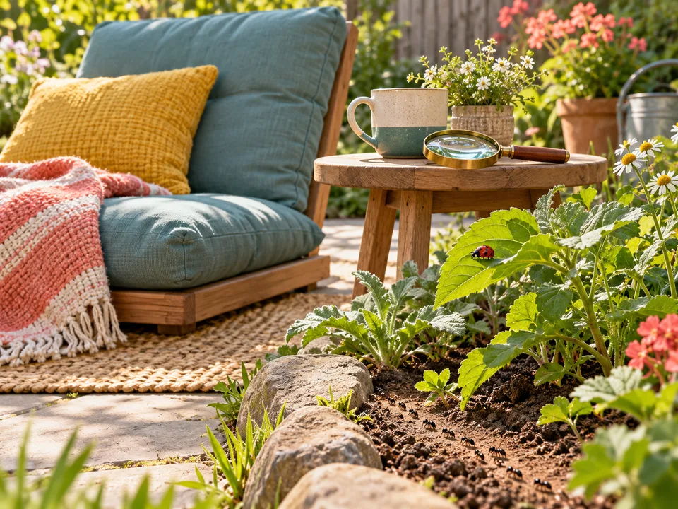 A garden seat and magnifying glass beside a plant with a ladybird and an ant trail.
