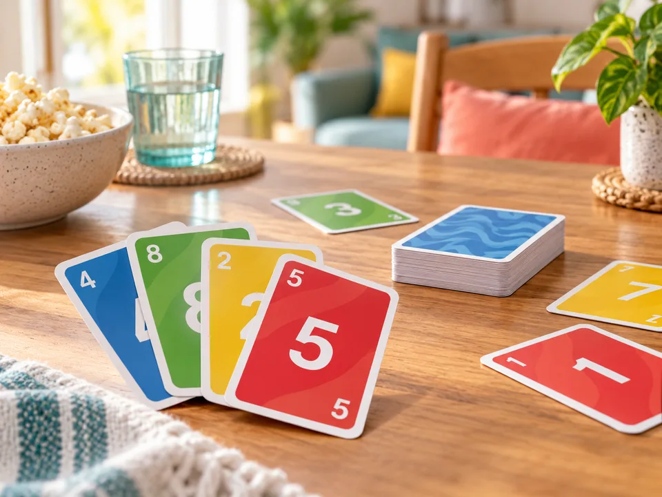 A fan of colorful numbered playing cards and a draw pile on a sunny home table.