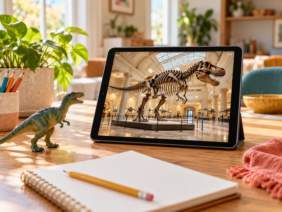 A tablet showing a dinosaur skeleton in a museum gallery, with a toy dinosaur and notebook nearby.