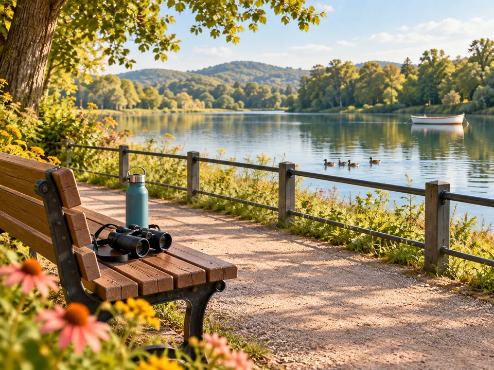 A bench and binoculars safely back from a pond behind a railing, with ducks and a distant boat.