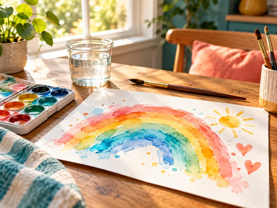 Watercolor paints, a brush and a water cup beside a cheerful rainbow painting on a sunny table.