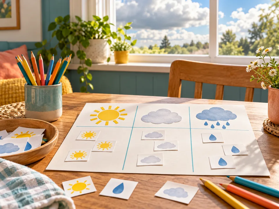 A homemade picture weather chart with sun, cloud and raindrop cards beside a window.