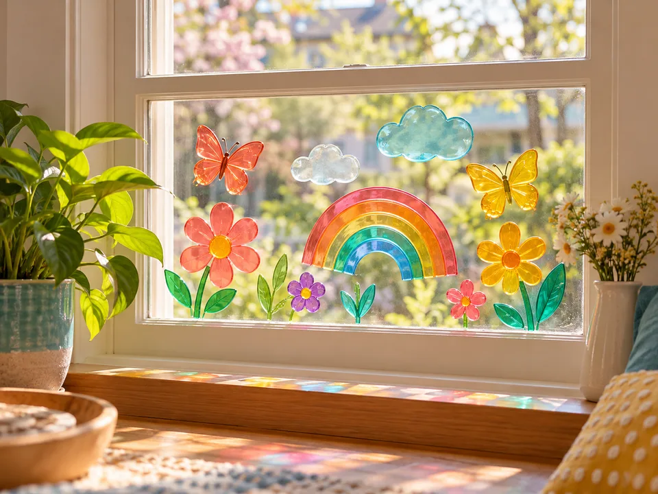 Colorful reusable flower, butterfly, cloud and rainbow shapes on a sunny window.