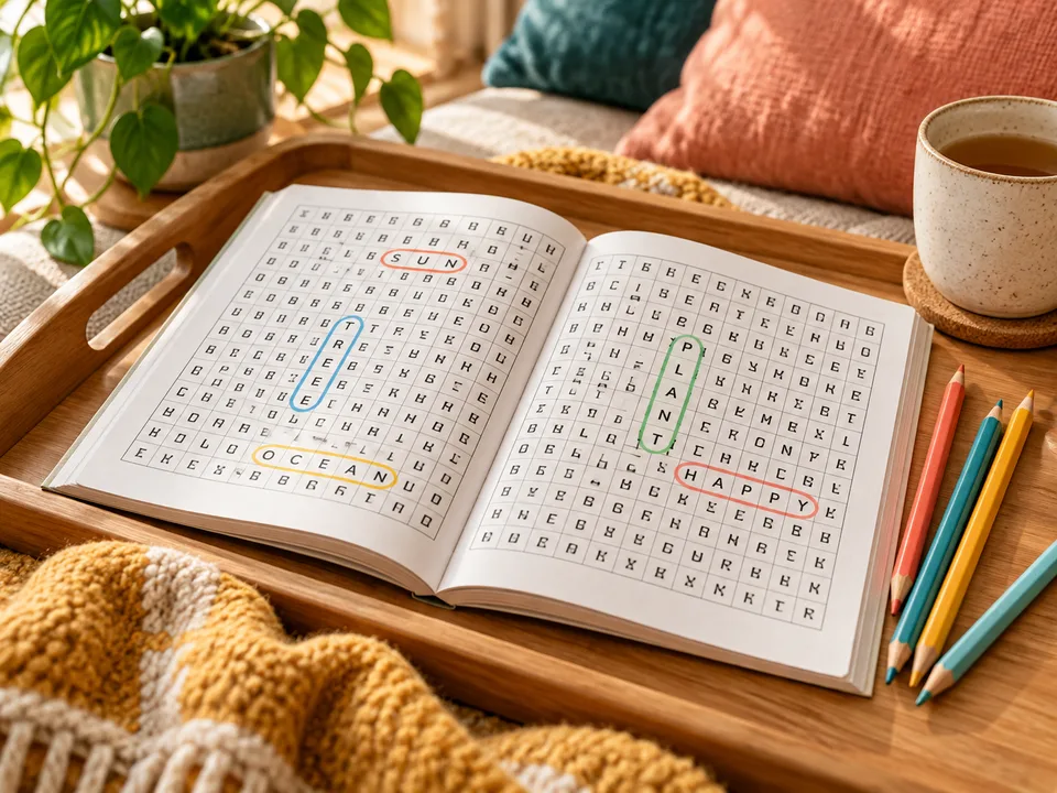 An open word-search book with letter grids and circled words, beside pencils on a lap tray.