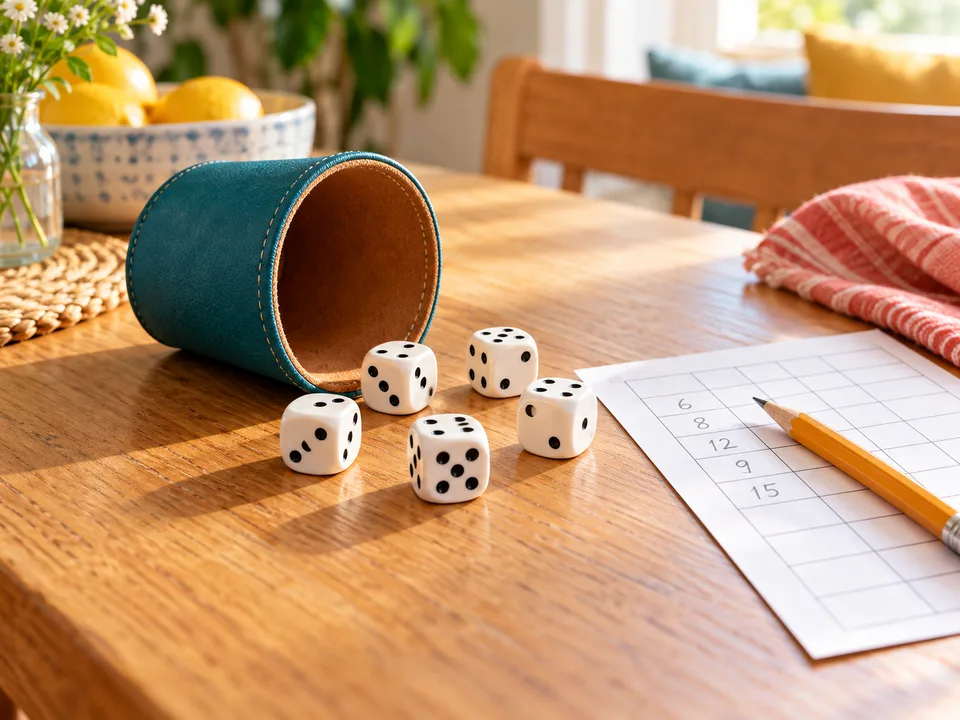 Five dice, a dice cup, a pencil and a score sheet on a sunny home table.